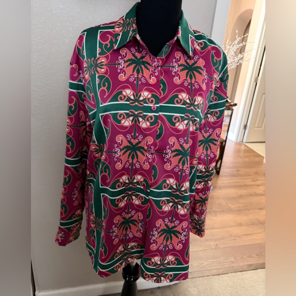 Giving farm Rio vibes ~Printed Button-Down Shirt — Pink and Green Tropical Motif